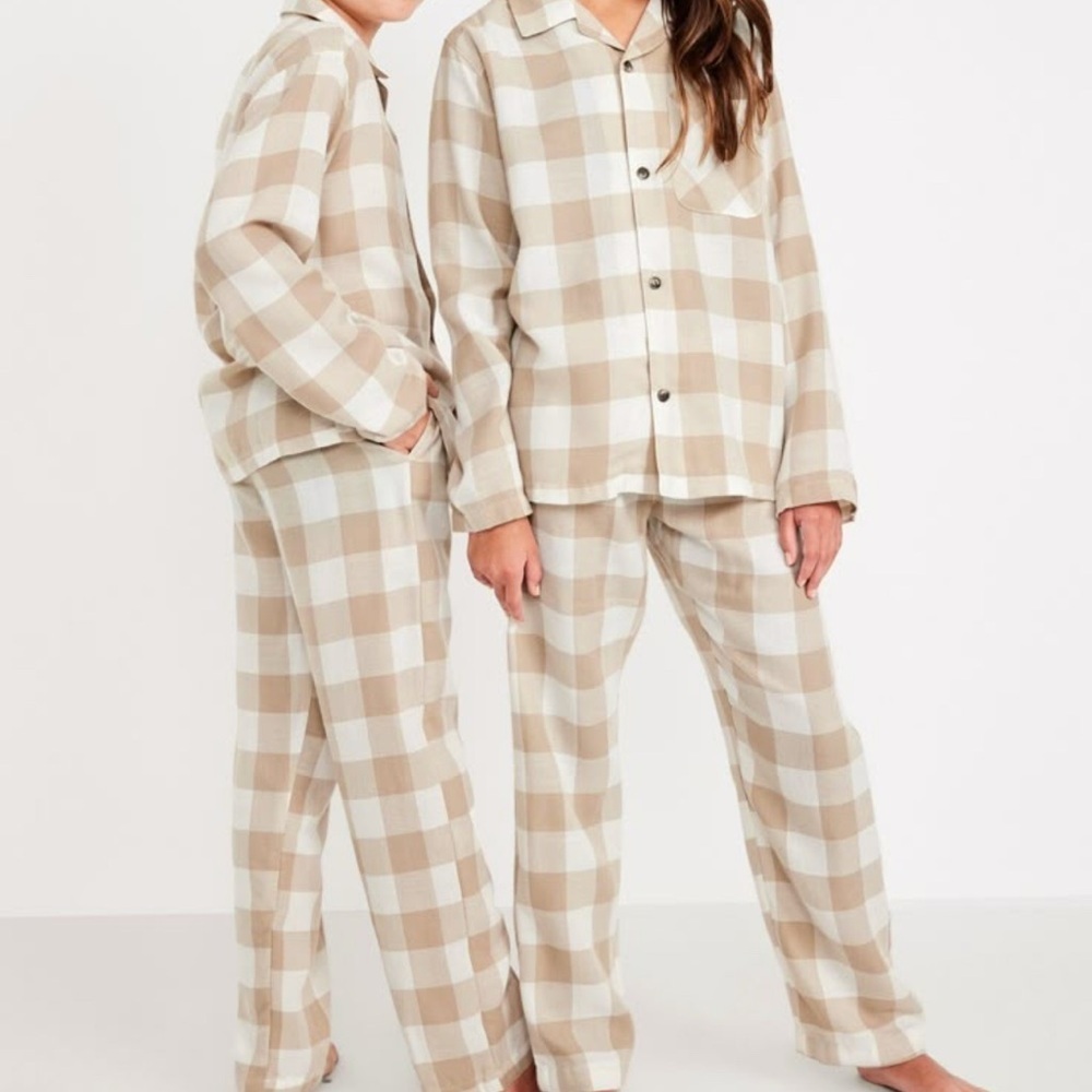 NEW Old Navy gender neutral kids tan & white flannel plaid pajamas set XL 14 16